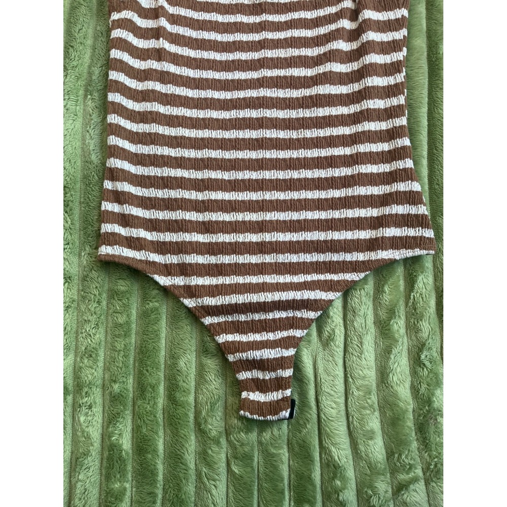 Urban Rose Brown White Striped Smocked Cutout Mock Neck Bodysuit Small 10891 - Picture 14 of 16